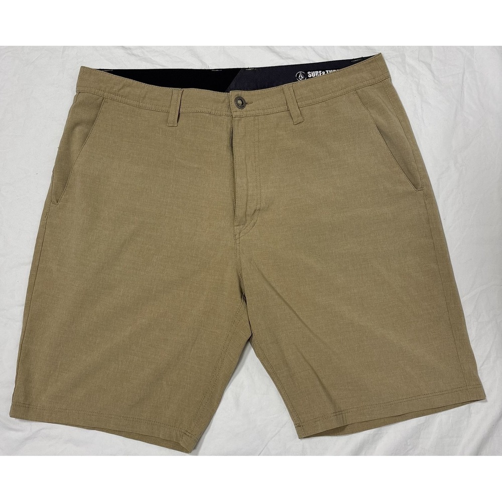 Volcom Mens Surf & Turf Hybrid Shorts Khaki Flat Front 4 Way Stretch Comfort 36